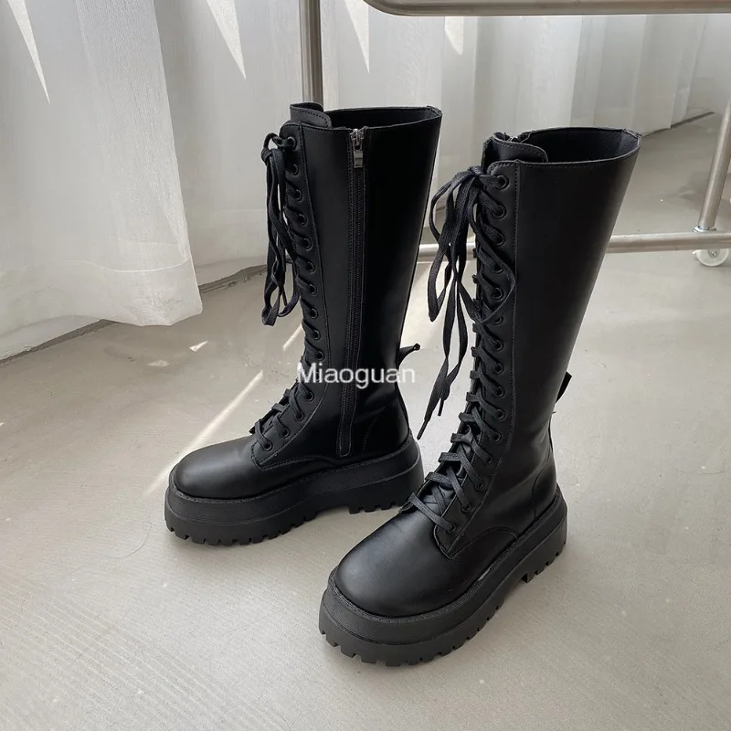 Chunky Platform Pu Leather Knee High Boots Woman‘s Punk Increasing Long Female Lace Up Booties Mujer 2024 Zip Chelsea Women Shoe