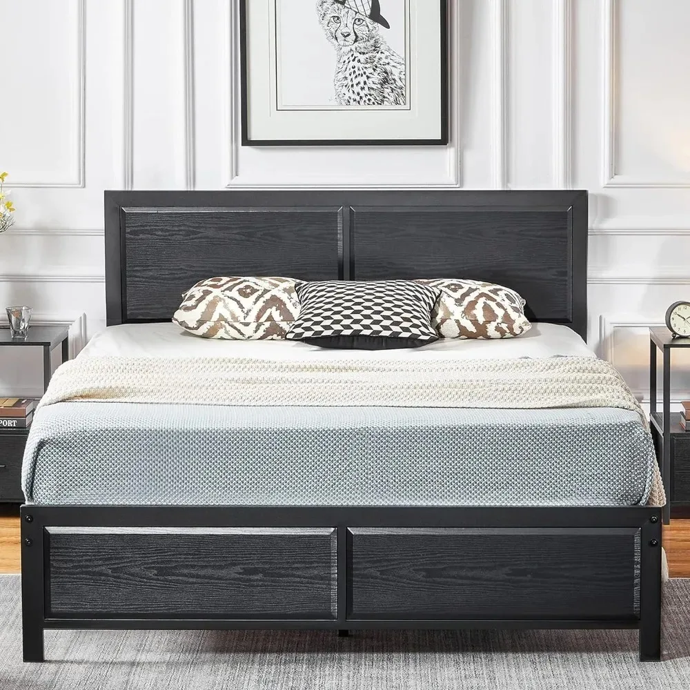 

Full Size Platform Bed Frame with Black Wood Headboard, Mattress Foundation, Strong Metal Slats Support, No Box Spring Needed