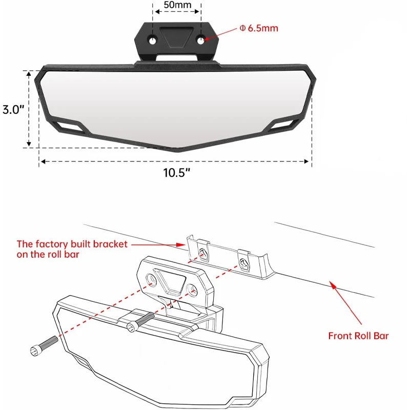 Specchietto centrale retrovisore UTV convesso per Polaris RZR XP 1000 /4 2024 /RZR Trail