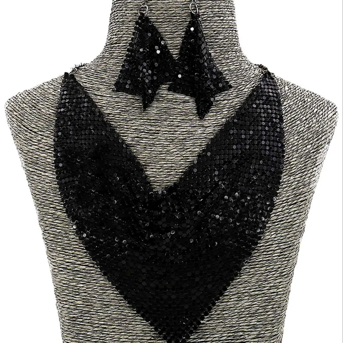 Sequin Leopard Metal Triangle Scarf Necklace Earrings Personalized Gradient Neckline Jewelry Set Metal Mesh Neck Accessories