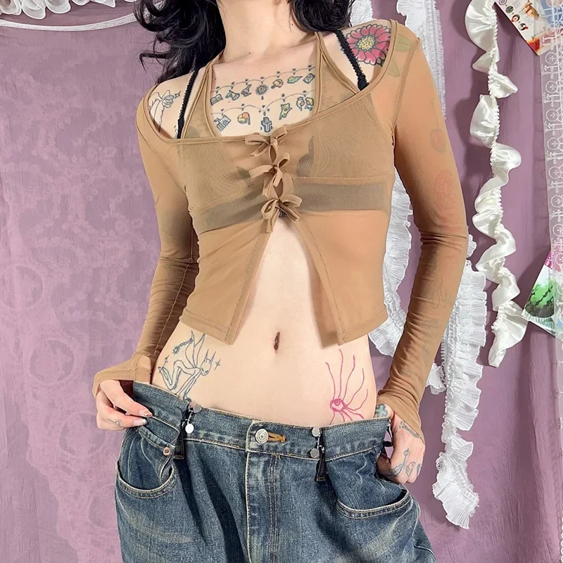 

Укороченный топ с бантом на шее и длинным рукавом Y2k, уличная одежда, прозрачная Сетчатая футболка для женщин, осень 2024