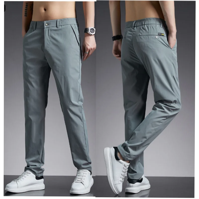 

Summer Pants Mens Slim Fit Straight Pants Thin Casual Trousers Men Breathable Elastic Waist Trousers Male Solid Color Pantalon