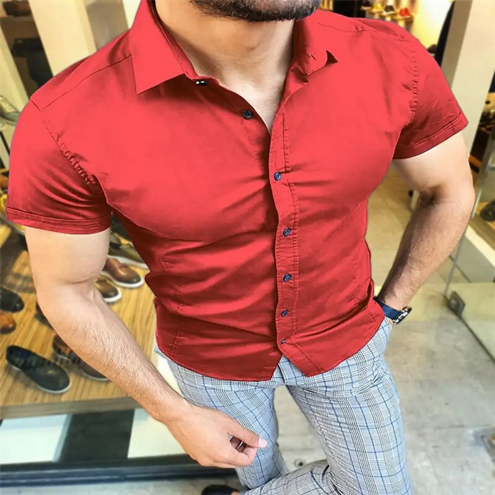 Cardigã de manga curta slim fit masculino, gola virada para baixo, camisa de peito único, slim fit sólido, top fino e respirável, estilo formal, verão