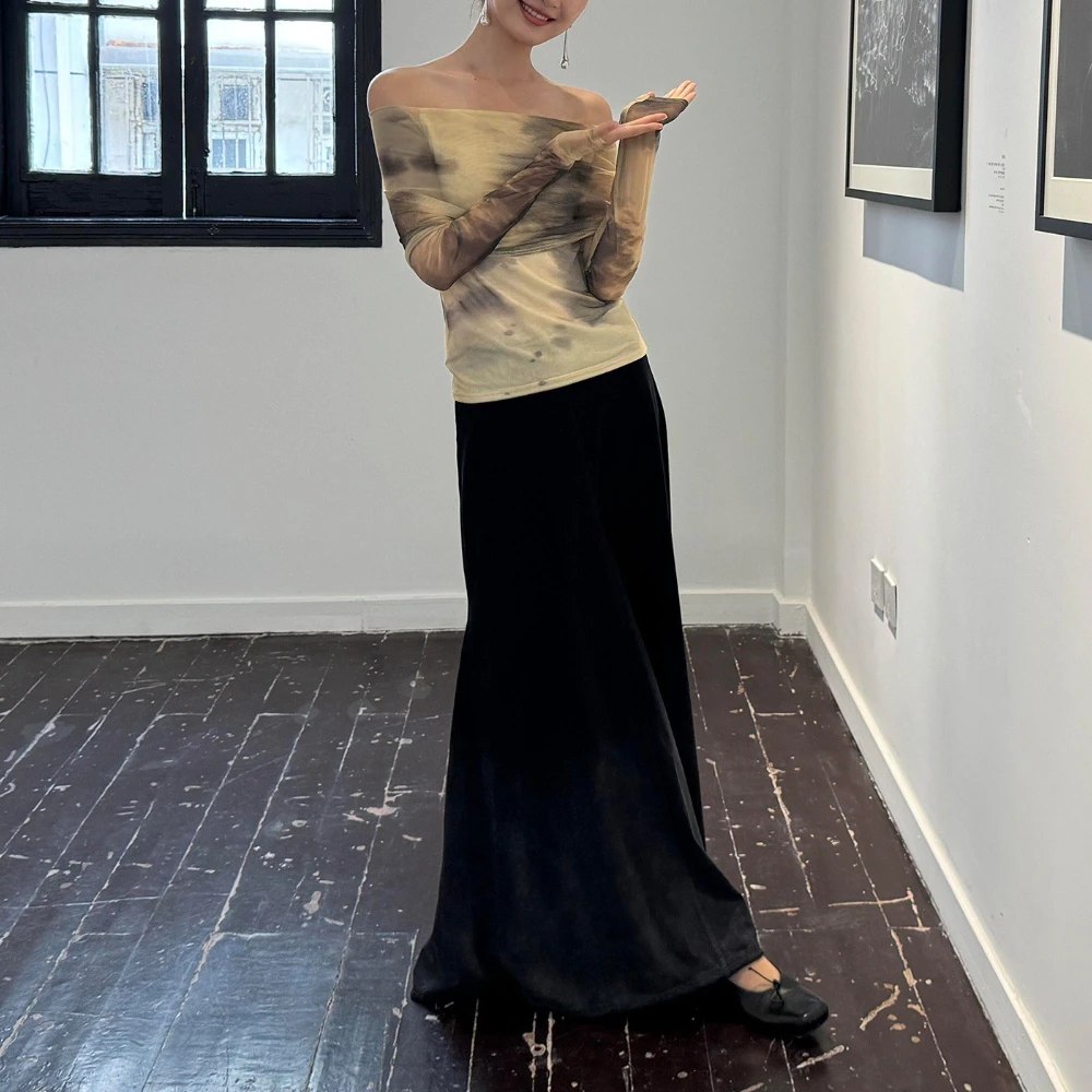 Twotwinstyle hit cor emendado dobras t camisa feminina slash neck manga longa emagrecimento férias design camisetas femininas moda nova