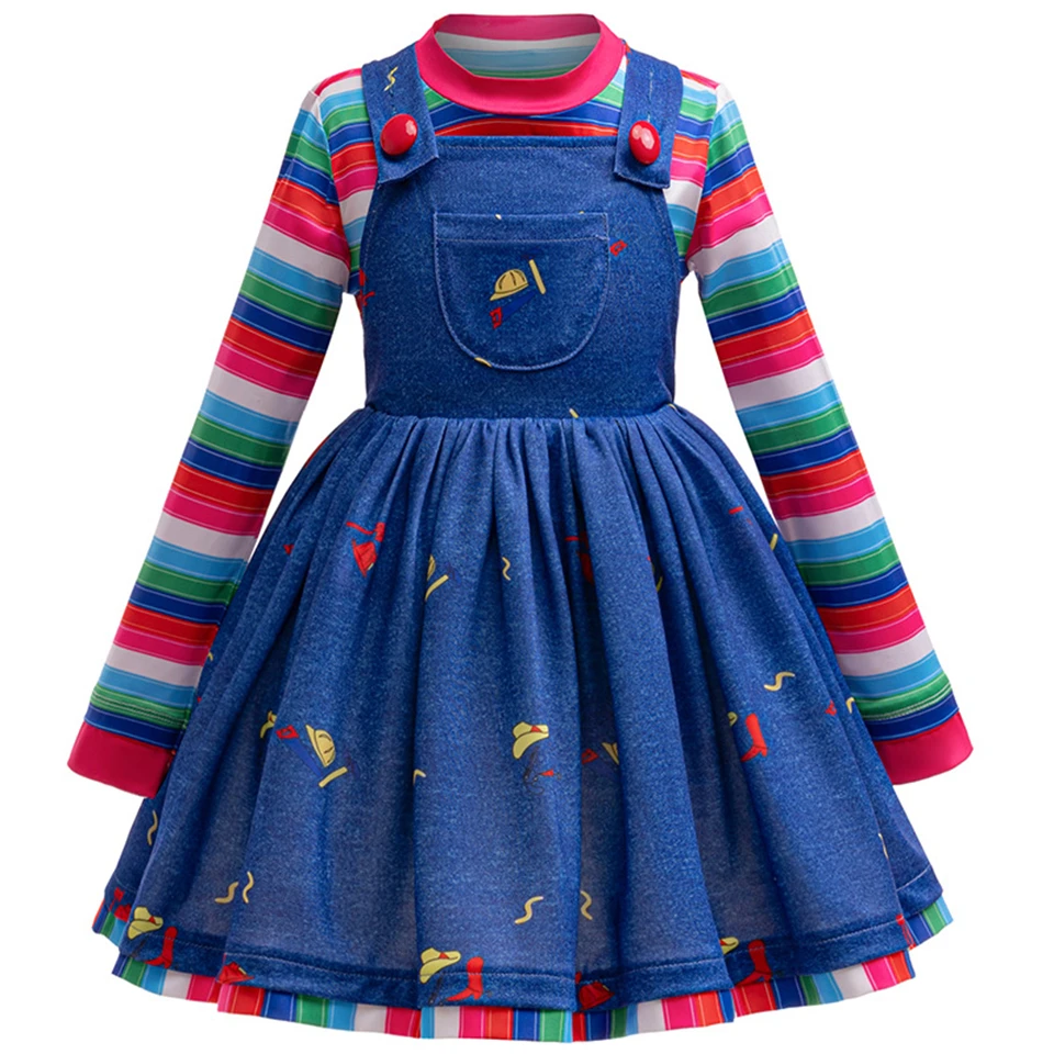 Halloween Child Cosplay Ghost Doll Chucky Costume Carnival Party Girls Masquerade Striped Tshirt + Overalls Children's Clothing