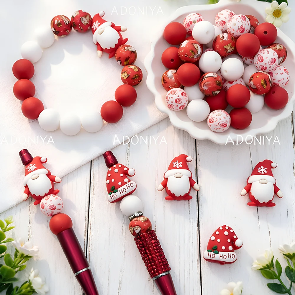 34-teiliges Set mit roten und grünen Weihnachtsmützen-Silikonperlen, zum Basteln von Perlenketten, Armbändern, als Dekoration für Stifte, Schmuckanhänger usw. Geburtstagsgeschenk für die Feiertage – Detail 2