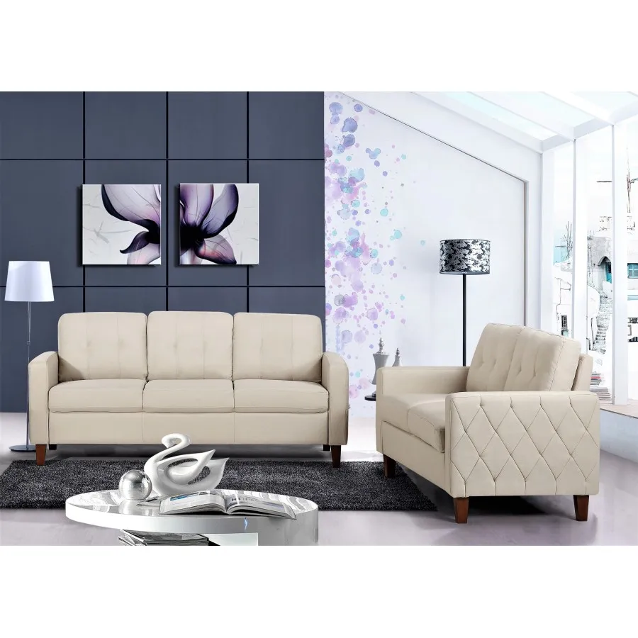 Piped Trim Square Arm Button Tufted Upholstered Accent Chair, Polyester Fabric Single Sofa Chair for Living Room Comfy Futon Co