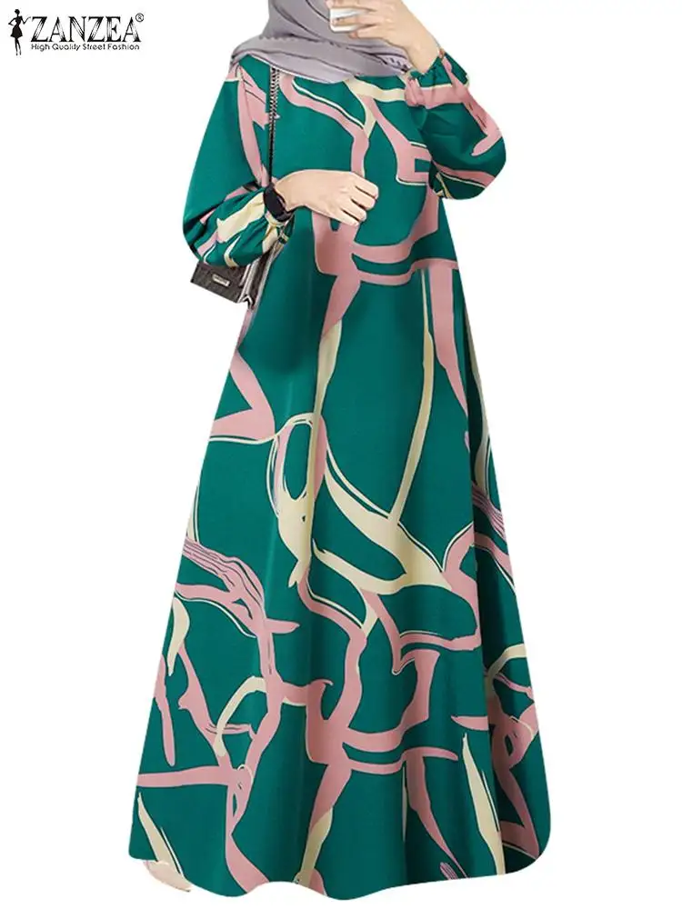 ZANZEA Muslim Fashion Loose Abaya Robes Printing Women Long Sleeve Islamic Long Dresses Elegant Casual O Neck A-line Vestidos