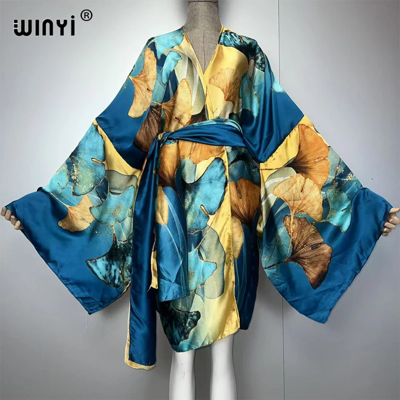 

WINYI bohemian print kimono beach outfits women Swim Suit Cover up boho Cardigan stitch Self Belt Holiday long Sleeve print coat