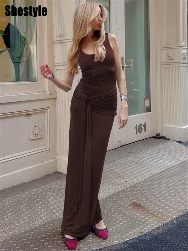 Shestyle-Vestido largo marrón liso para mujer, sin mangas, ropa de moda de primavera 2026, cuello en U, vendaje, tendencia, nuevo diseño, prendas de vestir elásticas