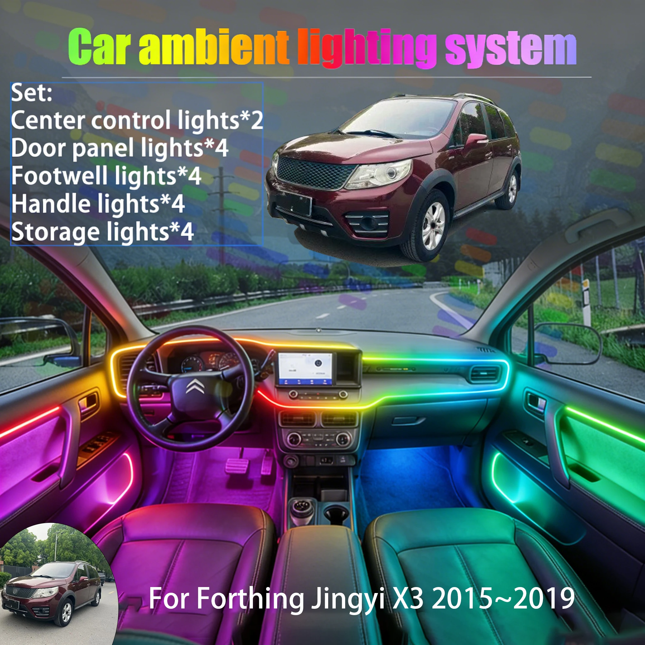 

For Forthing Jingyi X3 2015~2019 2/18 in 1 Car ambient lighting Led trunk interior led lights USB RGB Ensemble Streamer