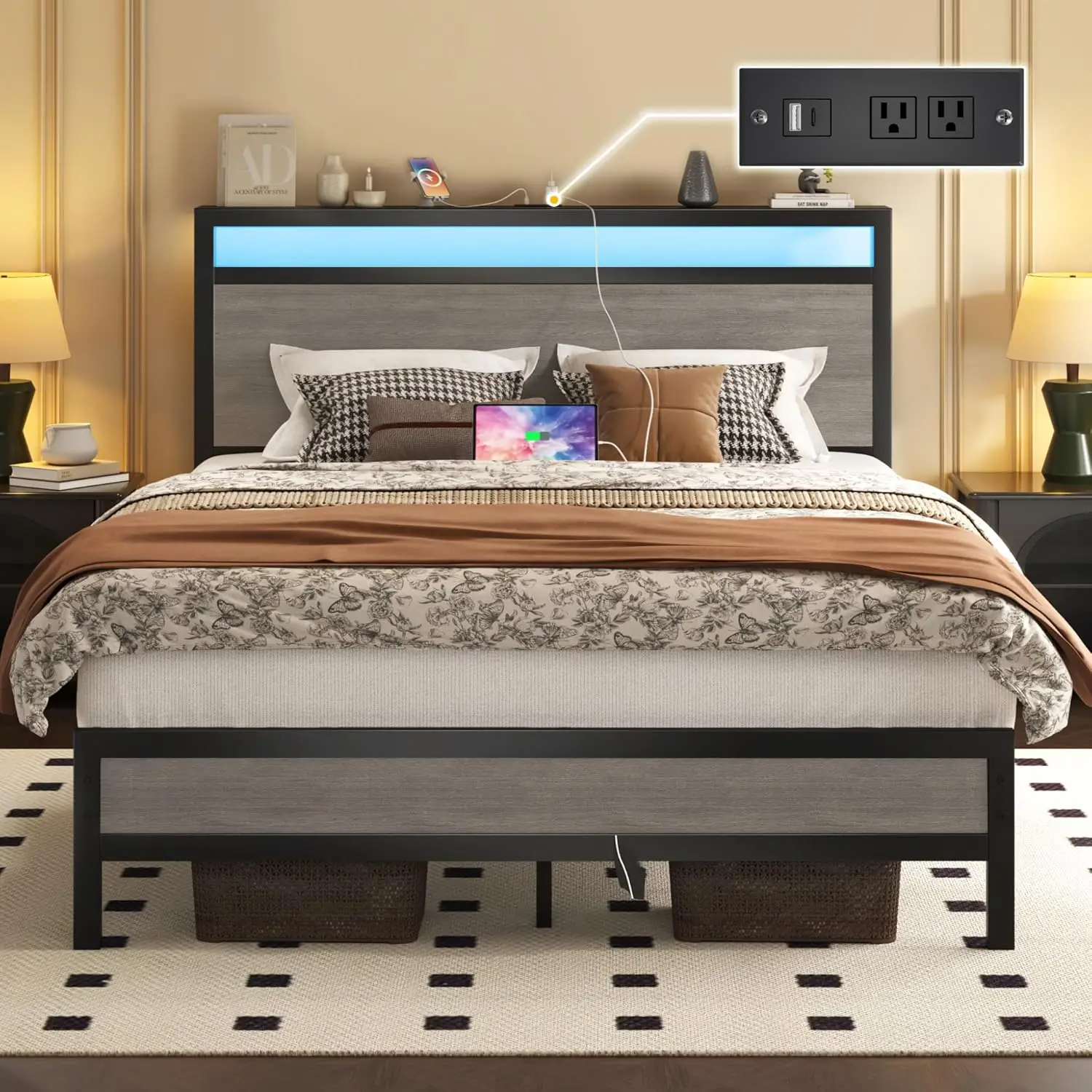Base de Cama Matrimonial con Cabecera y Piecera, Base de Cama Matrimonial con Estación de Carga Integrada y Luz LED, Estante de Almacenamiento, Sin Ruido