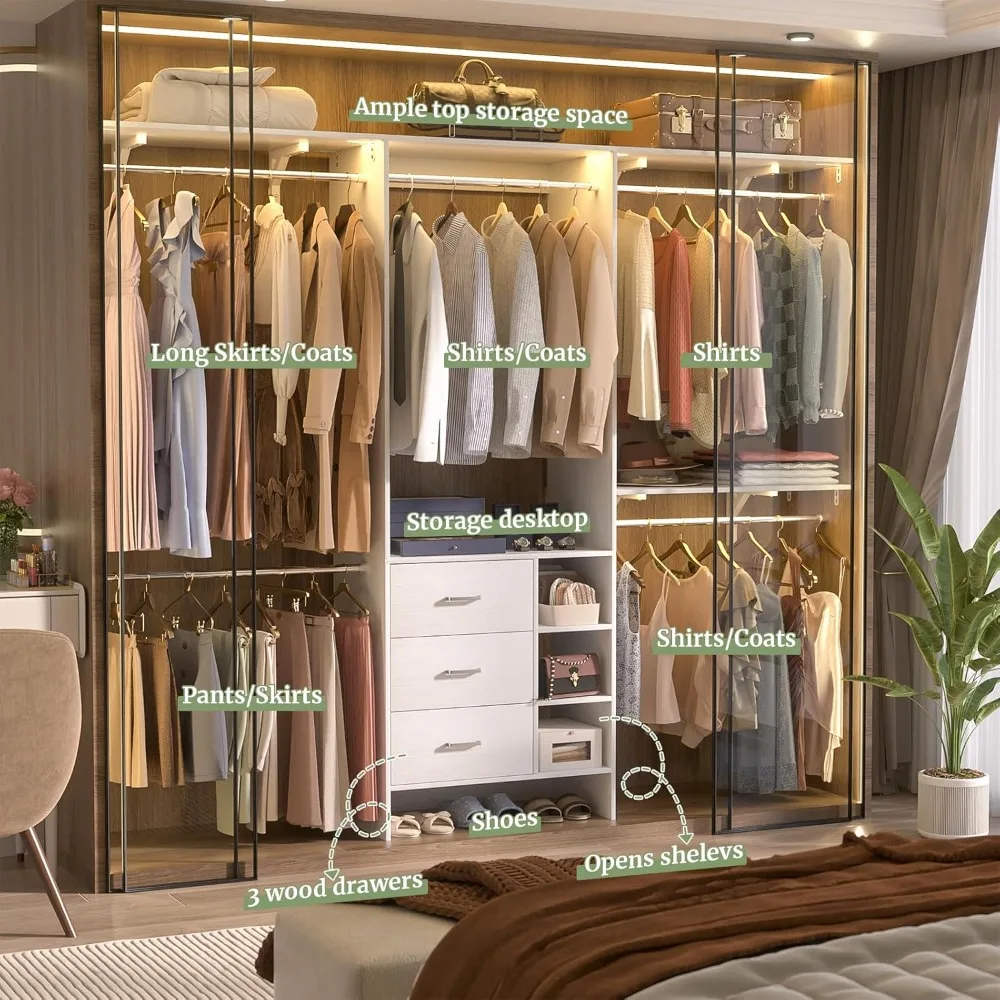 Closet System,  Organizer with 3 Wooden Drawers, 8FT Organizer System, 96’’ Walk-in Wardrobe Clothes Rack US(Origin)