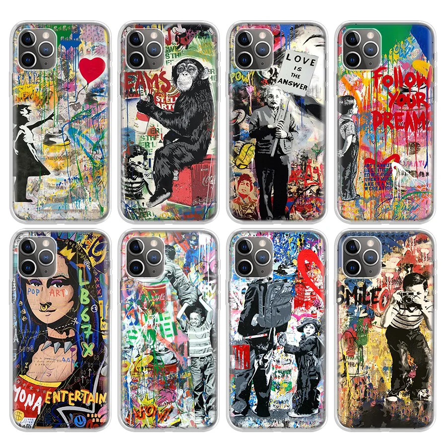 Banksy Graffiti Art Abstract Phone Case For iPhone 17 Air 11 13 Mini 14 15 Plus 16 12 Pro Max 16E SE 7 8 Pattern Soft TPU Back C