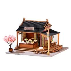 DIY Wooden Chinese Street View Steamed Bun Shop Doll Houses Miniature with Furniture Dollhouse for Friends Birthday Gifts