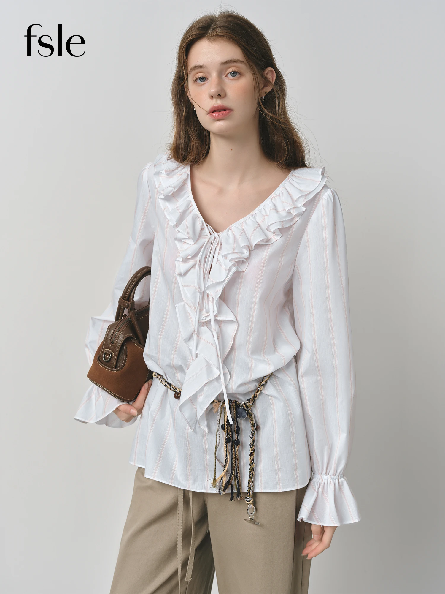 

FSLE Romantic Temperament Retro Princess Style Ruffled Long-sleeved Shirt Tops for Women 2025 Early Autumn New Arrival 25FS13264