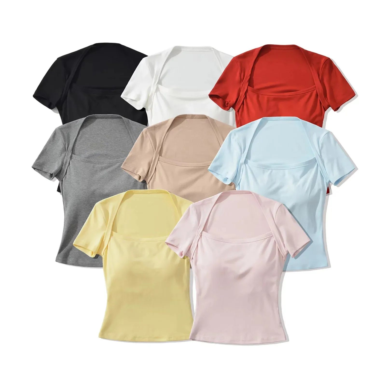 Spicy Girl Pure Desire Fashion Style Sexy Square Neck Short Sleeve Top With Chest Pads Slim Fit Short T-Shirt Yoga Top P4OT