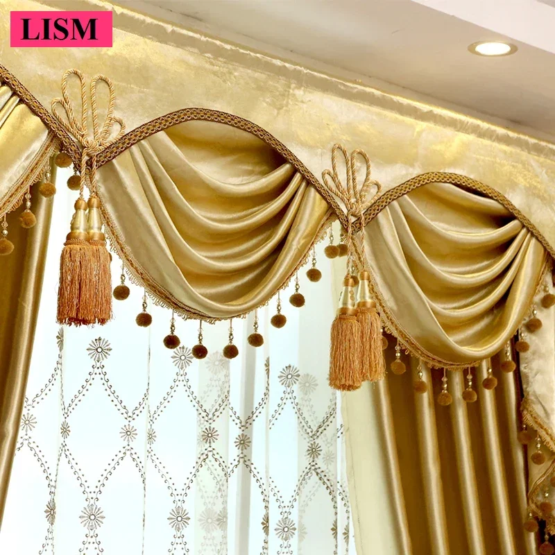 European Gold Curtains for Living Room Bedroom Luxury Simple Solid Color Blackout Soft Cashmere Cloth Custom Valance Yarn Tulle