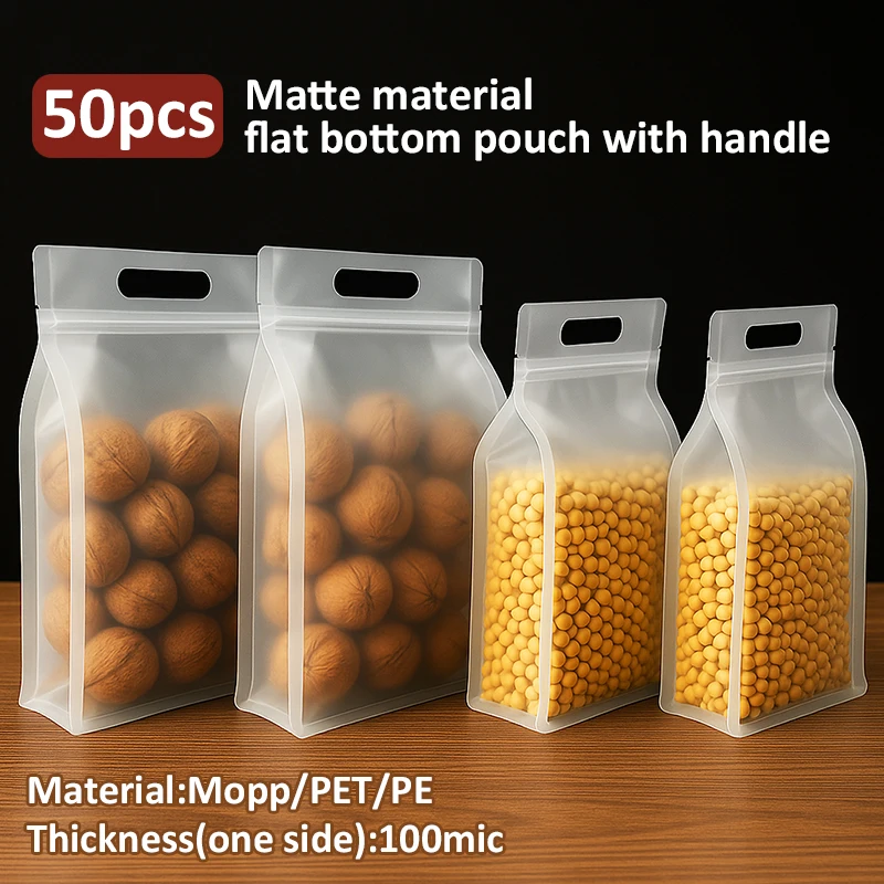 【セール中】50 個再利用可能なマット平底ポーチハンドルとジッパー付き食品グレードの素材のプラスチック包装袋食品スナックの保管用