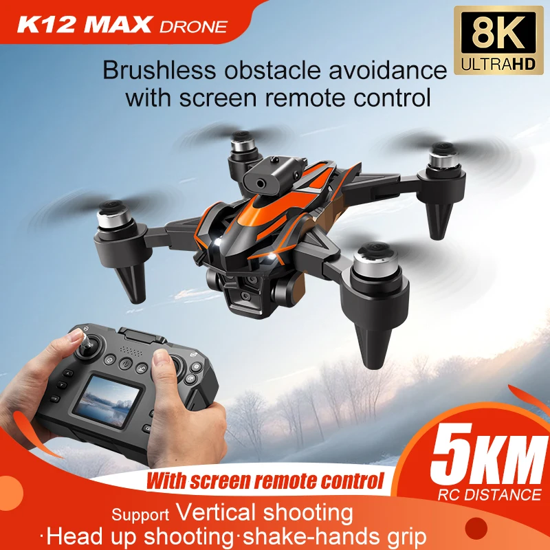 New upgrade K12 Max RC Drone With LCD Screen 8K HD Camera Brushless Motor 360° Obstacle Avoidance Foldable Quadcopter Dron Toys