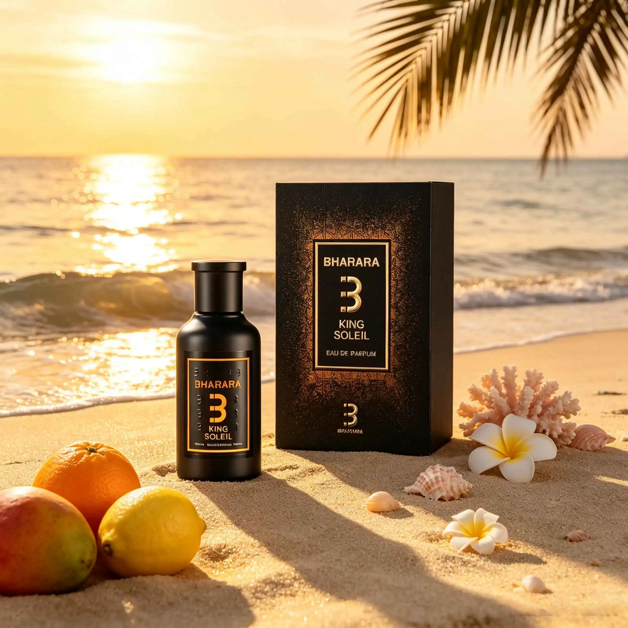 Bharara King Soleil, Elegante Botella de Perfume Negro y Dorado, Aroma Piña-Sándalo-Ambar-Musgo, Perfume Masculino Amaderado Oriental