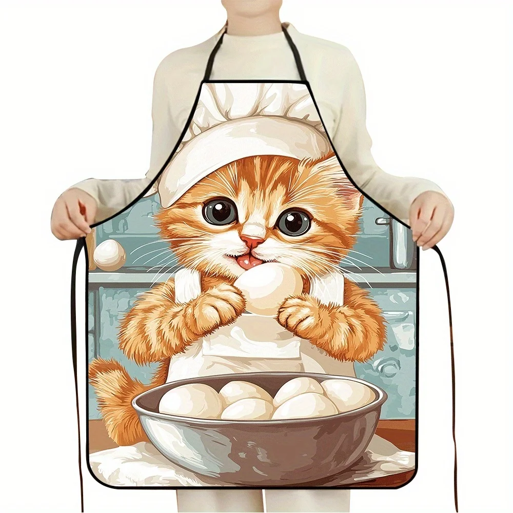 Chef Cat Apron – Adorable Kitten in Hat Cracking Eggs, Waterproof Polyester, 28x39in, Unisex Kitchen BBQ Gift