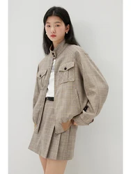 ZIQIAO Light Brown Plaid Stripe Women Spring Jacket+Skirt Two Piece Sets Stand Collar Raglan Sleeve Coat 24ZQ91174+24ZQ91175