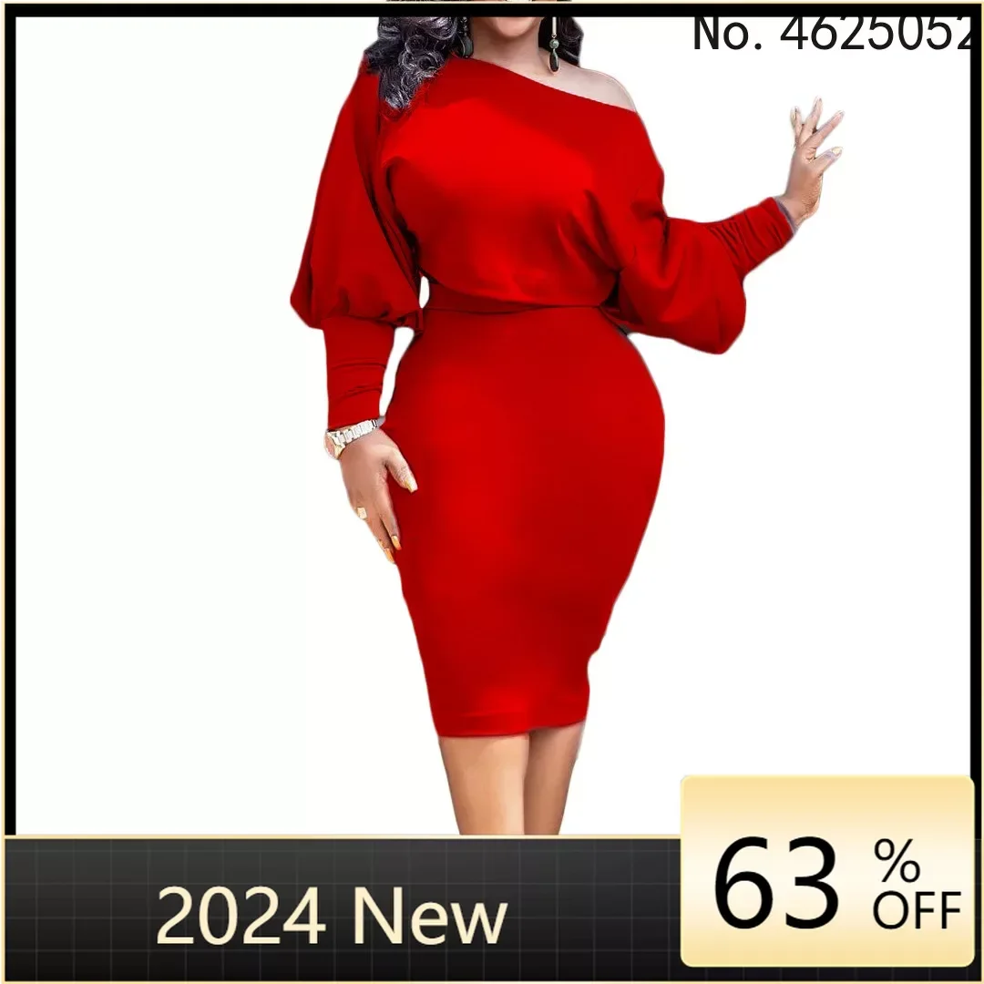 

African Ladies Dresses Elegant Wrist High Waist Off shoulder long sleeve For Work Office Business Slim Vestidos Dress Midi 2023