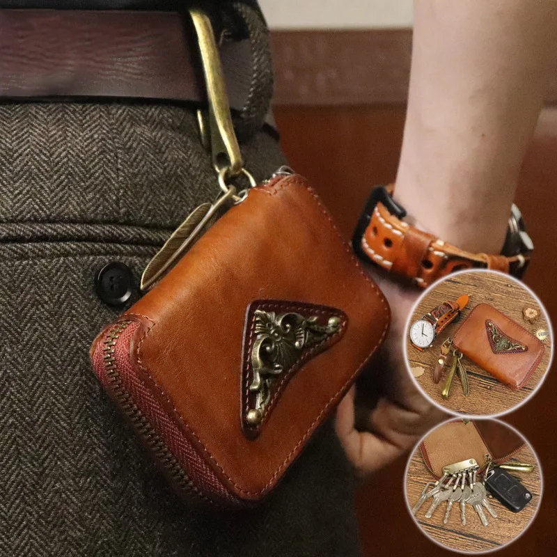 Genuine Leather Key Wallet Men Car Key Holder Retro Key Bag Men Purse Vintage Housekeeper Keychain Cowhide Card Holder Case