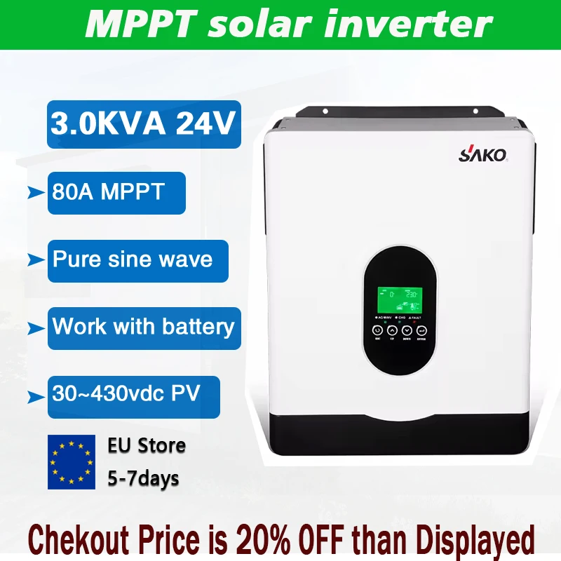 

Sako E-Sun 3000va/2700w 24v Hybrid Solar Inverter,Built-in 80A mppt,30-430Vdc PV Input,Pure sine wave