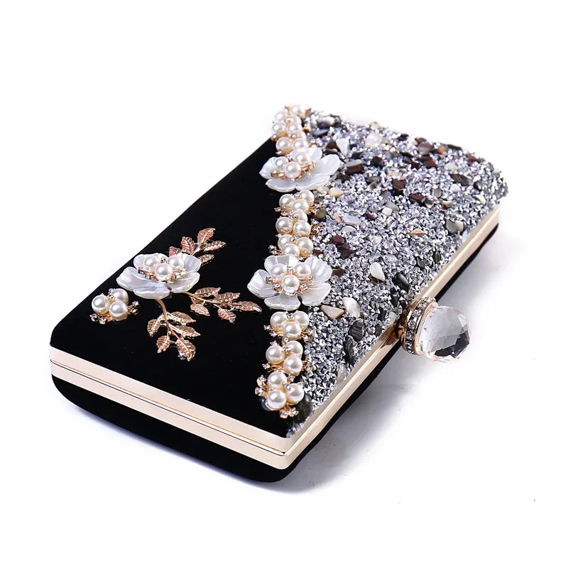 Luxury Black Evening Bags Women Embroidered Pearl Sequined Stones Clutch Bag Elegant Mother of Bride Handbags Square Purses