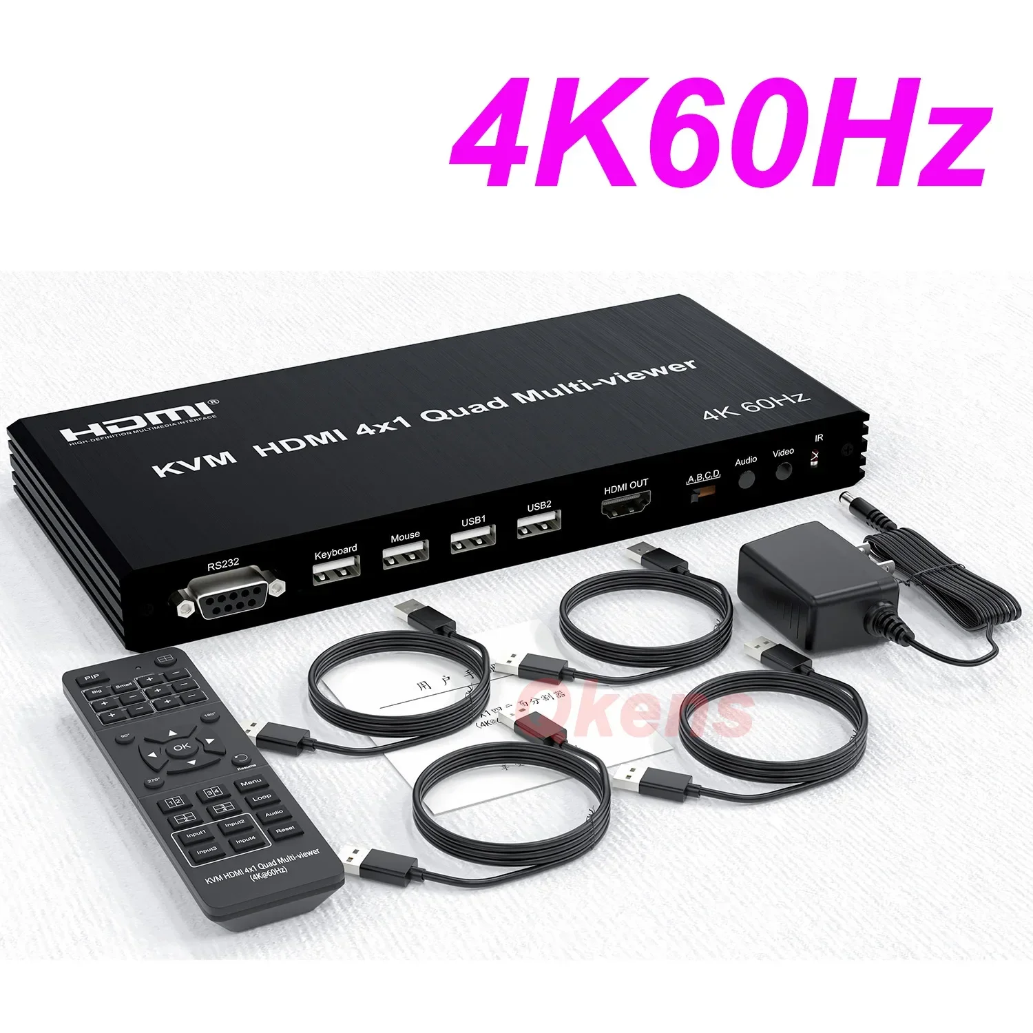 4K 60Hz KVM HDMI 4x1 Quad Screen Multi-Viewer 4 in 1 Out Support PIP 90° 180° Flip USB Keyboard and Mouse Control 4 PCs Share