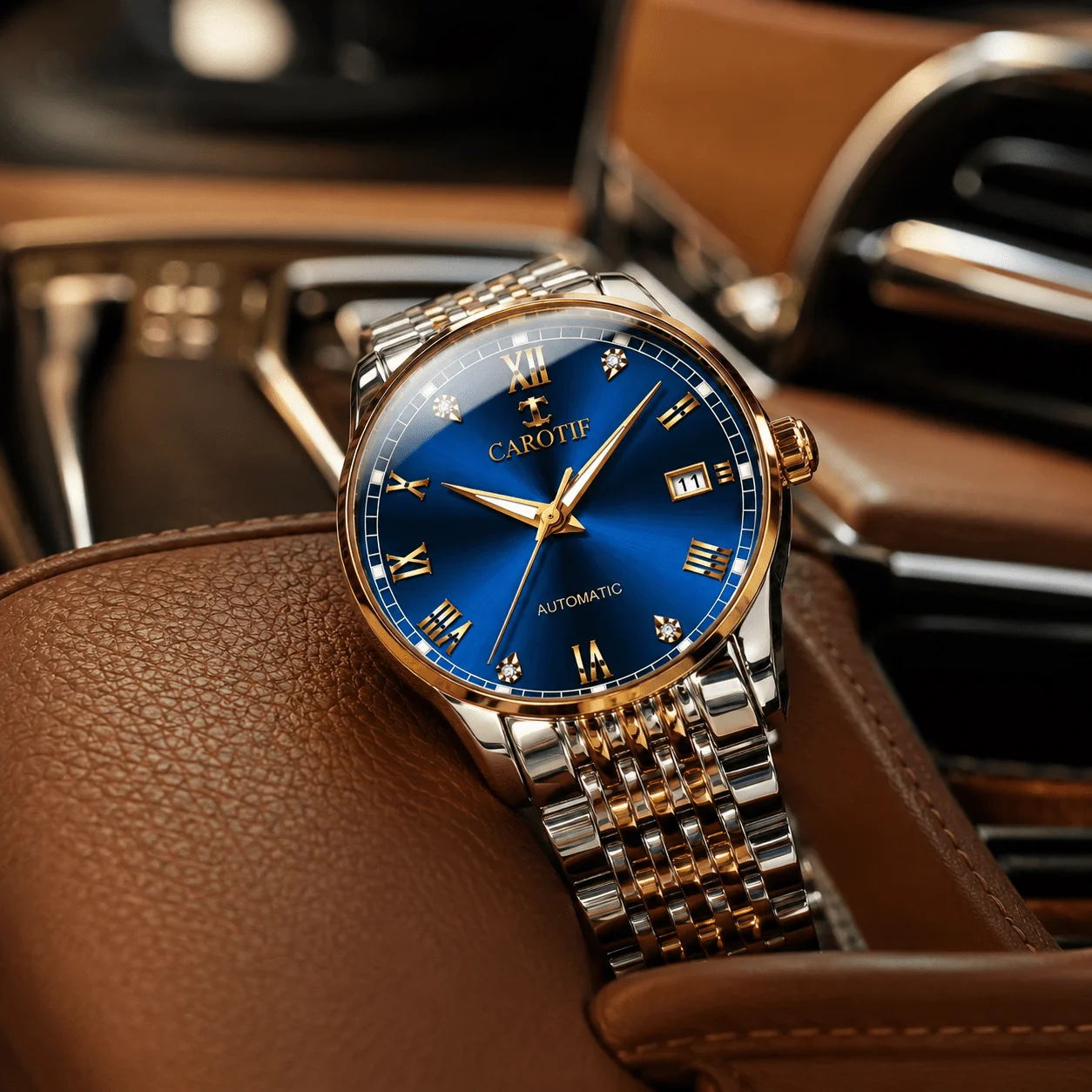 Automatic Mechanical Watch for Men, Blue Roman Numeral Dial, Date Display and Two-Tone Alloy Bracelet