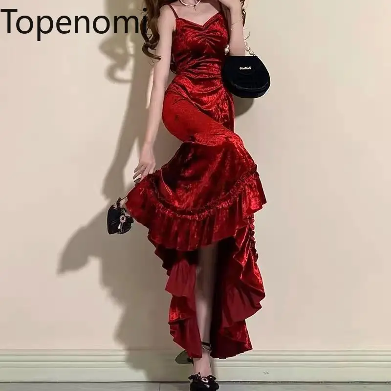 Topenomi French Red Spaghetti Strap Velvet Evening Dresses Women Summer Sexy Waist Slim Fit Ruffles Fishtail Party Dress Gown