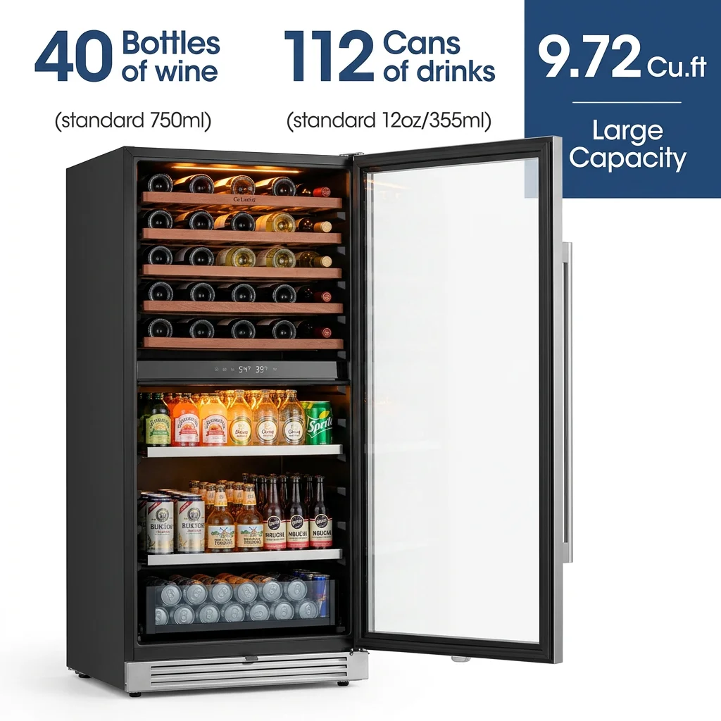 Wine Beverage Fridge Dual Zone Wine Cooler Refrigerator,40 Bottles+112 Cans Freestanding or Built-in Wine Cooler Fridge