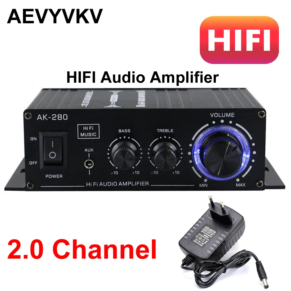 Car Speakers HIFI 2.0 Channel Amplifier AK-280 Audio Power Amplifiers Home AV System Receiver Treble & Bass Adjustment DC12V3A