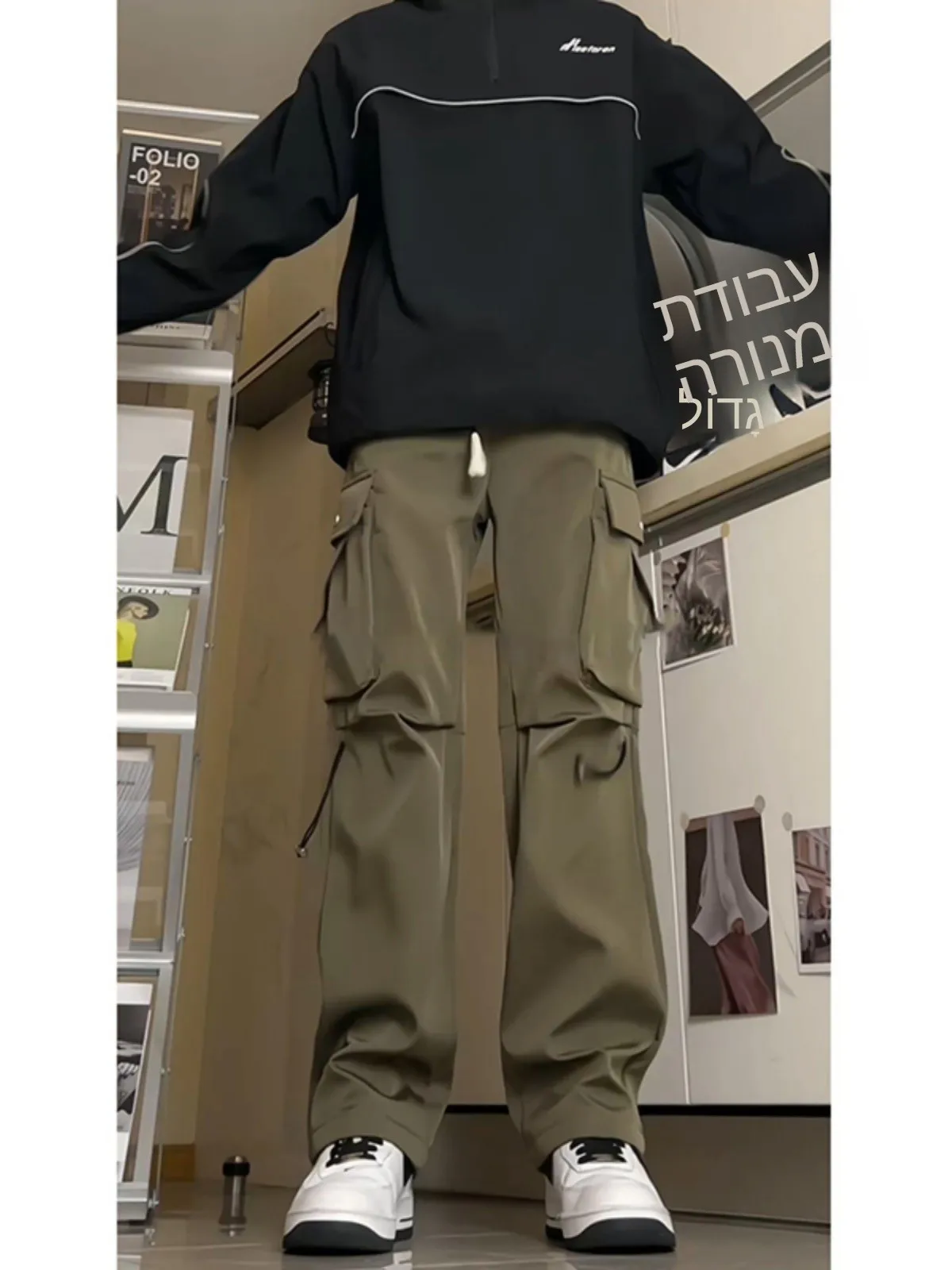 Military Green Fleece Lined Work Trousers Men's Autumn Winter Long Soft  Waterproof Casual Pants American High Street Style