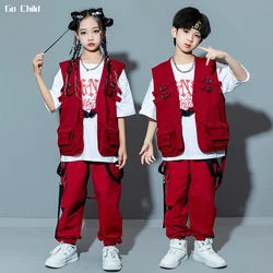 Hip Hop Girls Cool Vest Loose Joggers Boys T-shirt Street Dance Cago Pants Child Red Streetwear Clothes Sets Kids Jazz Costumes