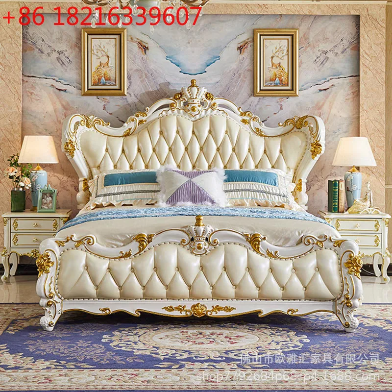 

Европейская кровать для виллы из цельного дерева 1,8 м, главная спальня, 2 м, резьба по дереву, двойная роскошная кожаная свадебная кровать принцессы с цветком