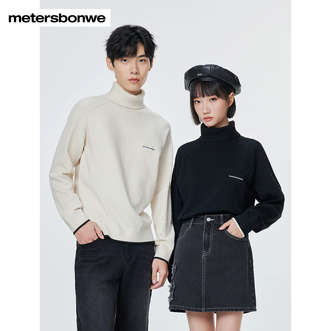 

Metersbonwe Turtleneck Sweater Men Womem Autumn Casual Front Chest Jacquard Pullover Loose Comfortable Brand High Quality Top