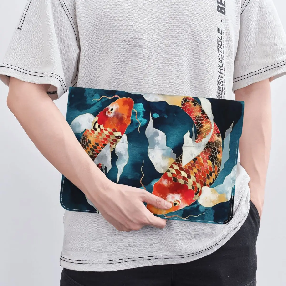 Vibrant Japanese Koi Fish Ripple PU Leather Horizontal Laptop Sleeve Shockproof Soft Lining Notebook Case 13 Inch