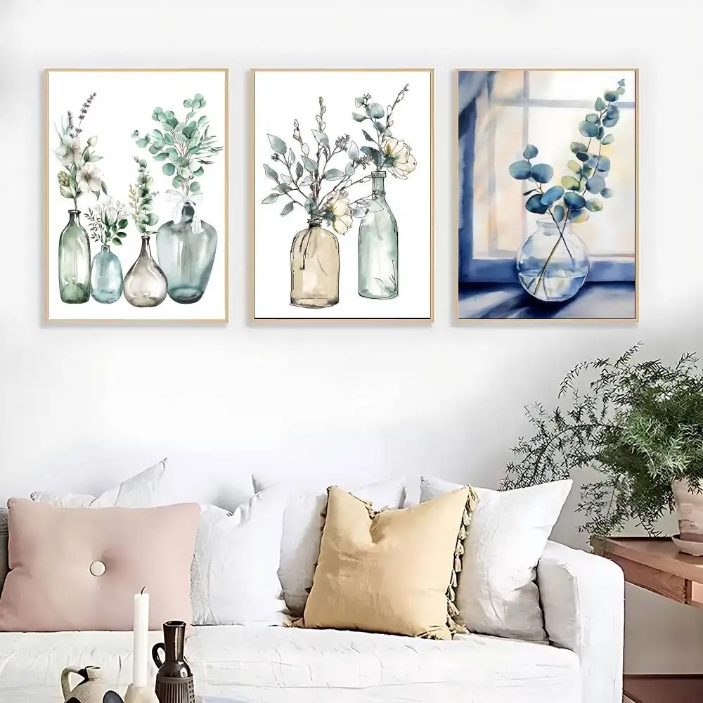 Watercolour Leaves Eucalyptus Glass Vase Botanical Poster Canvas Painting Print For Home Living Room Bedroom Decorative Pictures