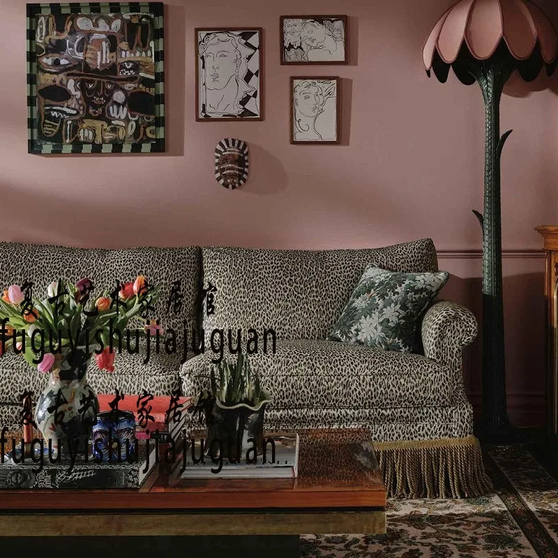 French retro leopard print fabric sofa American medieval three-person sofa store homestay straight row high-footed double sofa