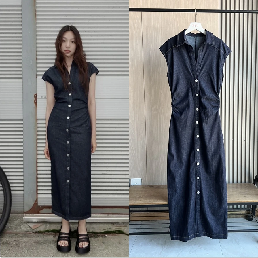 Taillierte Midi-Hemdkleider 2025, Damenmode, Taille, faltig, sexy Figur, V-Ausschnitt, langes, kurzärmliges Jeanskleid