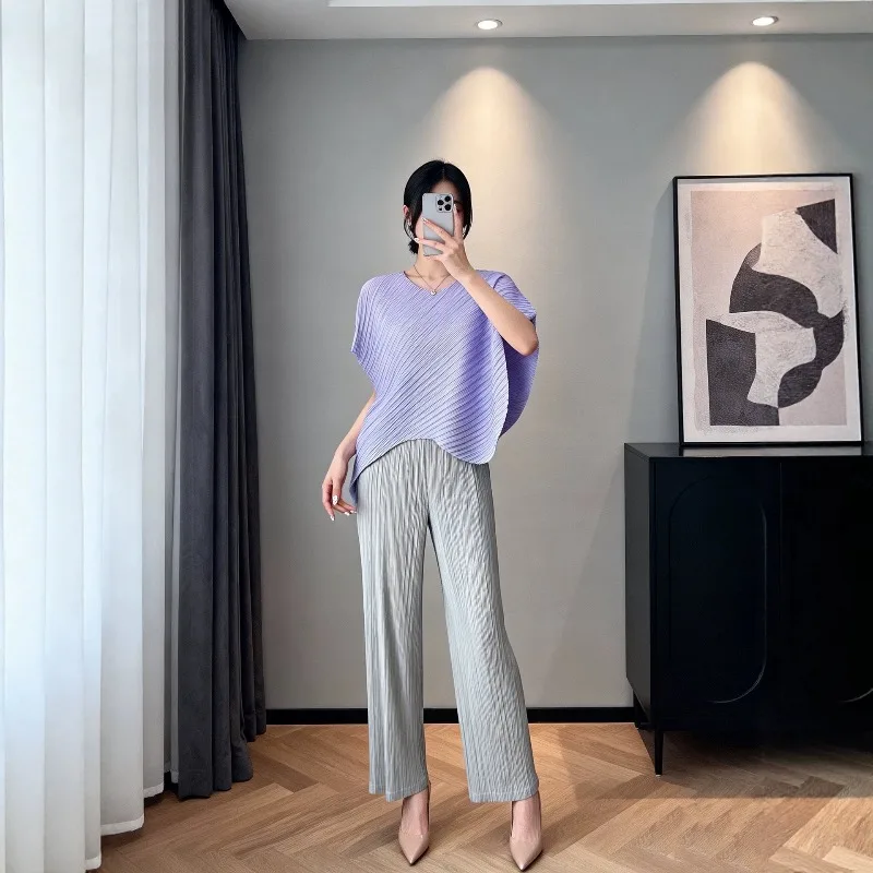 Miyake Pleated 2026 Original Summer New Twill Pleated Top Fashion Round Neck Casual Loose Slimming Irregular Hem T-Shirt Top