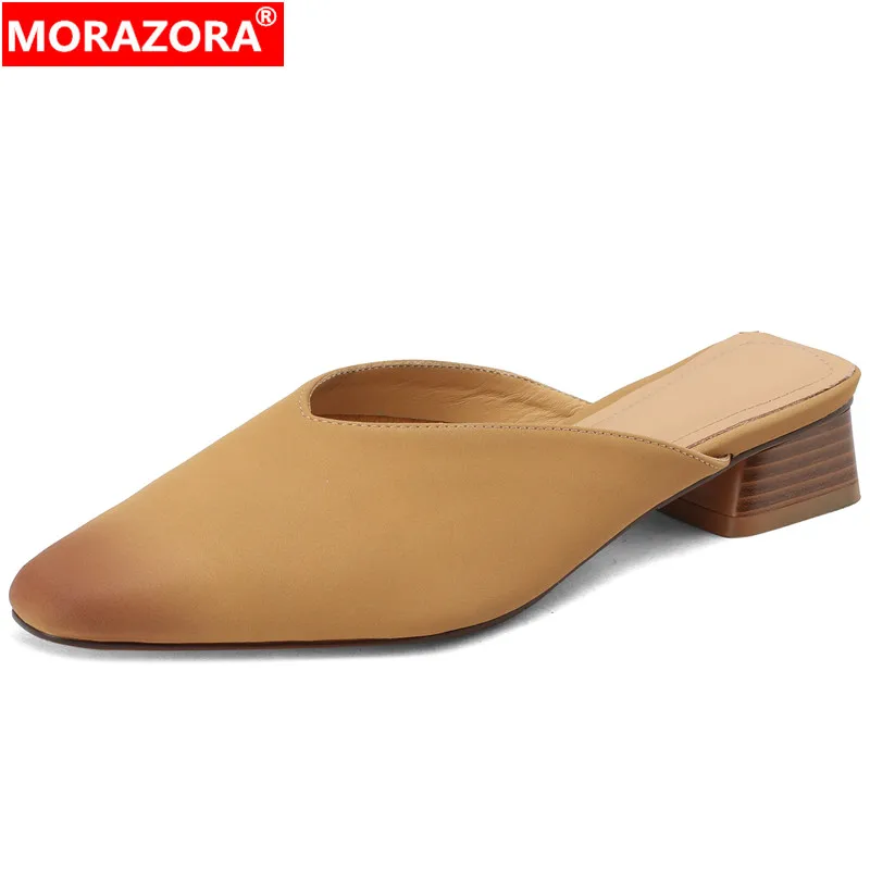 

MORAZORA 2024 New Genuine Leather Mules Women Slippers Fashion Ladies Summer Shoes Mixed Colors Square Med Heels Slippers