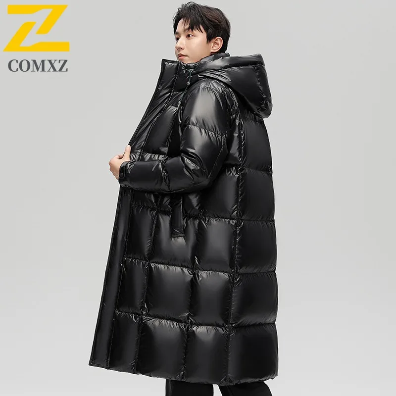 Comxz High-end Mens Down Jacket 2025 New Winter Fashion Bright Long Waterproof 90% White Duck Down Coat Snow Ski Puffer Parkas