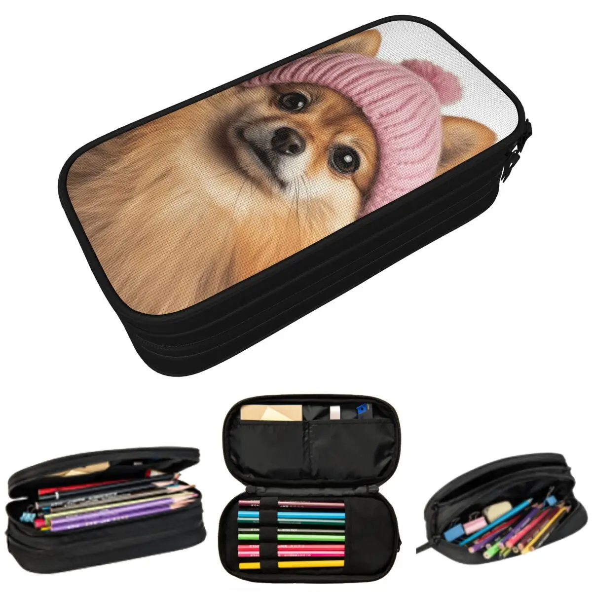 

Cozy Pomeranian Dog Wearing Pink Winter Hat Trendy Animal Pencil Case Pen Box Pencil Bag Stationery Supplies Pen Holder Bag