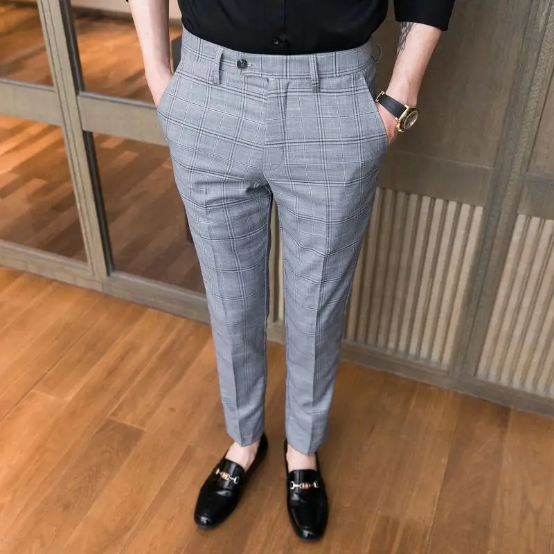 Spring Thin Korean Trendy Slim Pencil Pants Men\'s Printed Plaid Patchwork Button Pocket Smart Casual Versatile Straight Trousers