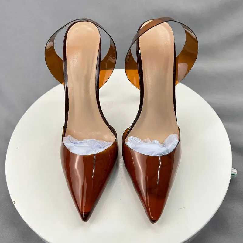 Tikicup Brown Summer Women Sexy Transparent Soft PVC Pointy Toe High Heel Slingback Shoes Jelly Stiletto Pumps 12cm 10cm 8cm